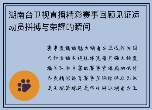 湖南台卫视直播精彩赛事回顾见证运动员拼搏与荣耀的瞬间